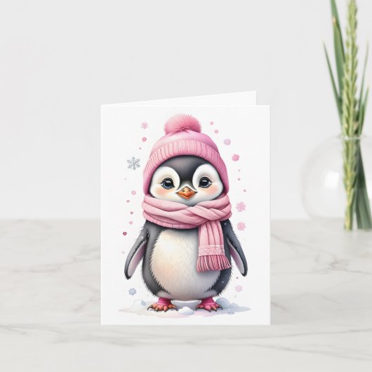 Schattigee Pinguïn in Roze Pet en Sjaal Blank Kers Kaart (Voorkant)