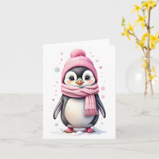 Schattigee Pinguïn in Roze Pet en Sjaal Blank Kers Kaart (Gele Bloem)