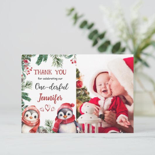 Schattigee Pinguïn Kerstmis 1e Verjaardag Dank u K Bedankkaart (Staand voorkant)