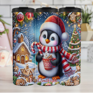 Schattigee pinguïn met hete cacao thermosbeker