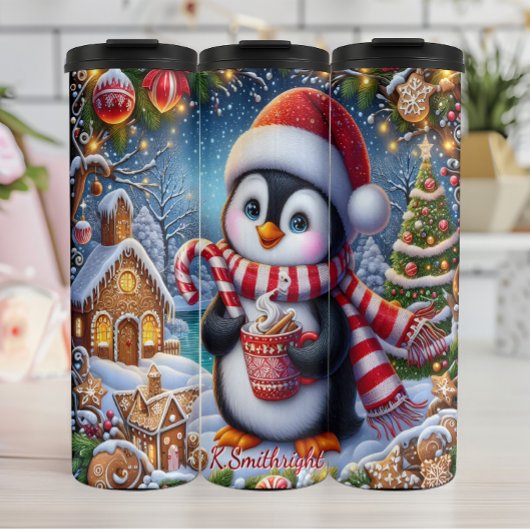 Schattigee pinguïn met hete cacao thermosbeker