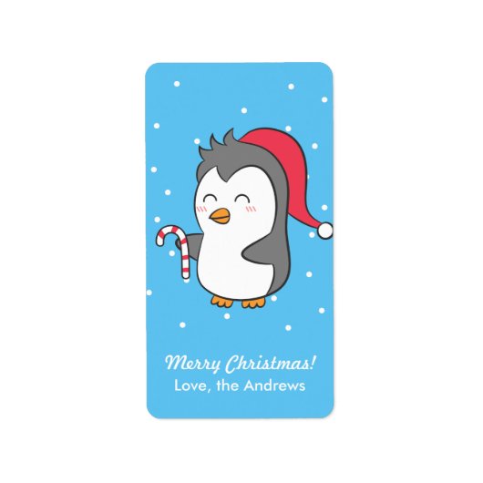 Schattigee pinguïn met snoepriet begroeting etiket (Voorkant)