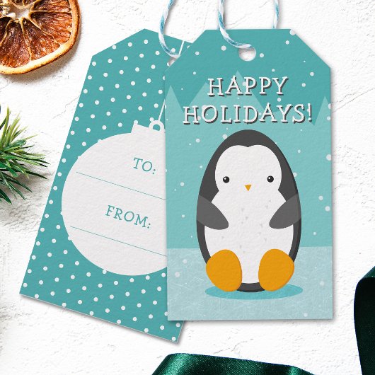 Schattigee pinguïn op ijsblauwe Cartoon Kerst Cadeaulabel
