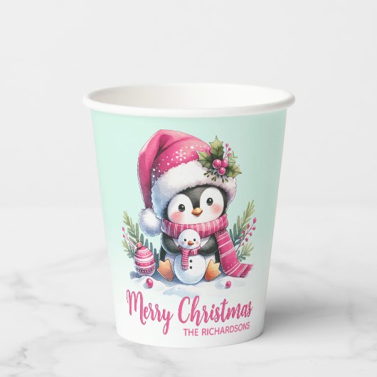 Schattigee pinguïn roze en mintgroen vrolijk kerst papieren bekers (Achterkant)
