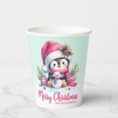 Schattigee pinguïn roze en mintgroen vrolijk kerst papieren bekers (Voorkant)