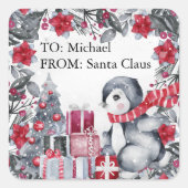 Schattigee pinguïn van Santa Kinder Kerst Vierkante Sticker (Voorkant)