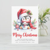 Schattigee pinguïn wit en rood vrolijk kerstfeest feestdagenkaart (Staand voorkant)