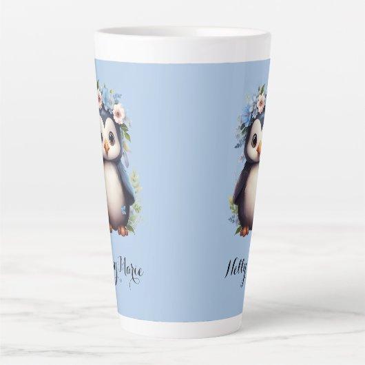 Schattigee pinguïns blauw aangepaste naam & Initia Latte Mok (Voorkant)