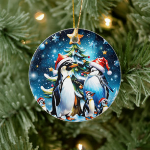Schattigee pinguïns in een vrolijke cartoon stijl, keramisch ornament