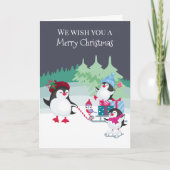 Schattigee pinguïns in het sneeuwbos Vrolijk kerst Feestdagen Kaart (Voorkant)