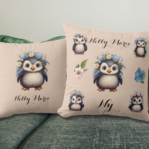 Schattigee Pinguïns met Bloemen Naam & Monogram Be Kussen