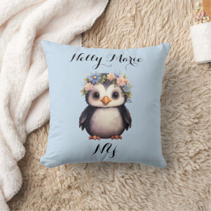 Schattigee Pinguïns met Bloemen Naam & Monogram Bl Kussen