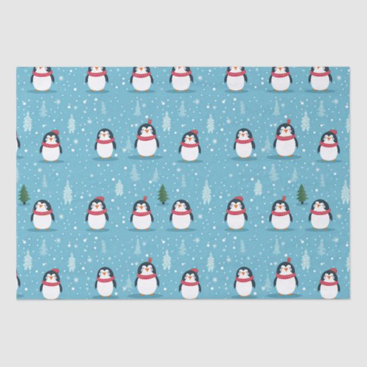 Schattigee pinguïns op lichtblauw met sneeuwvlokke tissuepapier (Voorkant)
