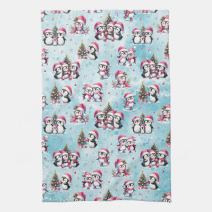 Schattigee Pinguïns Patroon Blauw en Roze Kerst Theedoek
