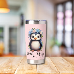 Schattigee Pinguïns Roze Custom Naam & Initialen Geïsoleerde Drinkbeker