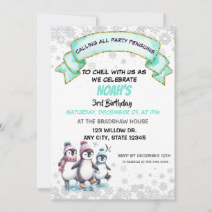 Schattigee pinguïns schaatsen verjaardagsuitnodigi kaart