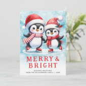 Schattigee pinguïns vrolijk helder rood en blauw k feestdagenkaart (Staand voorkant)