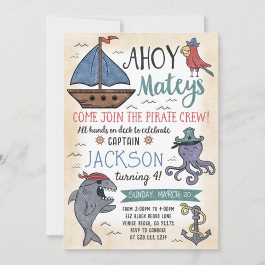 Schattigee Pirate Personages Verjaardagsuitnodigin Kaart (Voorkant)