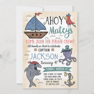 Schattigee Pirate Personages Verjaardagsuitnodigin Kaart