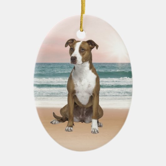 Schattigee Pitbull Dog Zittend op het strand met z Keramisch Ornament (Voorkant)