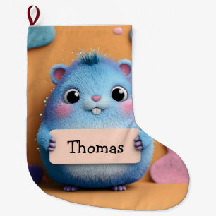 Schattigee pluizige blauwe hamster met een teken m grote kerstsok