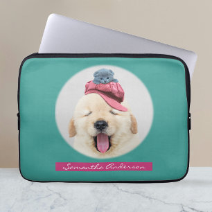 Schattigee pluizige hond met kat, naam laptop sleeve