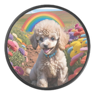Schattigee poedel Kleurrijke bloem en regenboog Hockey Puck