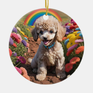 Schattigee poedel Kleurrijke bloem en regenboog Keramisch Ornament