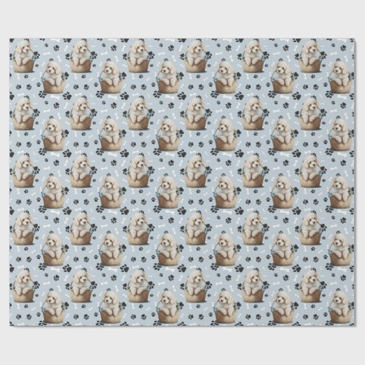 Schattigee Poedel Puppy in Basket Paw Print Cadeaupapier (Vlak)