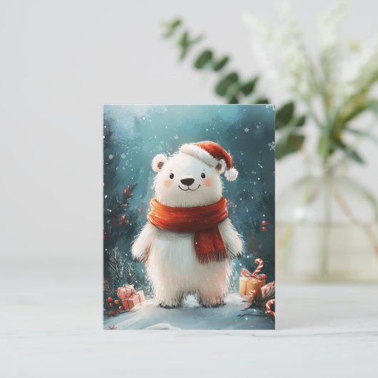 Schattigee Polar Beer Santa Hat en Scarf Art Briefkaart (Staand voorkant)