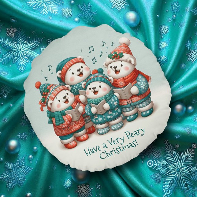 Schattigee Polar Beren Sing Have a Very Beary Chri Rond Kussen (Cute Polar Bears Sing Have a Very Beary Christmas Round Throw Pillow Cover Photo)