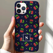 Schattigee polka dot kersen op marine monogram Case-Mate iPhone case