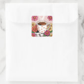 Schattigee Polka Dot koffiebeker en bloemen Vierkante Sticker (Tas)