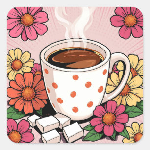 Schattigee Polka Dot koffiebeker en bloemen Vierkante Sticker