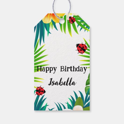 Schattigee Polka dot Ladybug Zomer Bloempalm Verja Cadeaulabel (Achterkant)