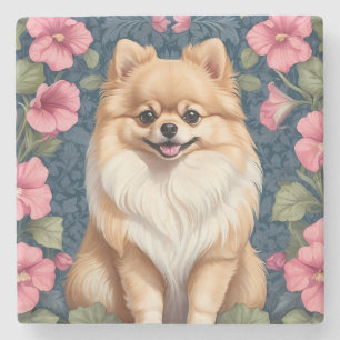 Schattigee Pommerse hond met roze petunia's Stenen Onderzetter