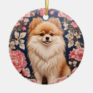 Schattigee Pommerse Hond Roze Bloemen Keramisch Ornament