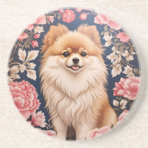 Schattigee Pommerse Hond Roze Bloemen Zandsteen Onderzetter