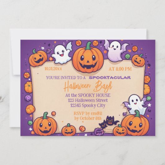 Schattigee pompoen Halloween Bash Oranje Paarse Kaart (Voorkant)