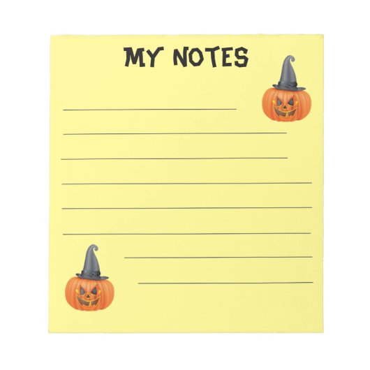 Schattigee pompoen met heks pet notitieblok (Voorkant)