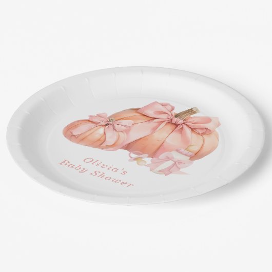 Schattigee Pompoen Roze Bow Baby shower Papieren Bordje (Gekanteld)