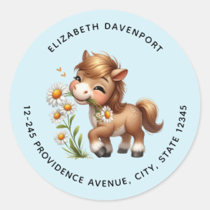 Schattigee Pony Eating Daisies Adres Ronde Sticker