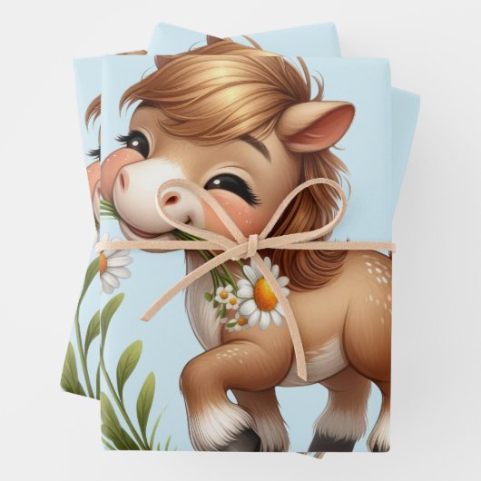 Schattigee Pony eet madeliefjes Inpakpapier Vel (In situ)