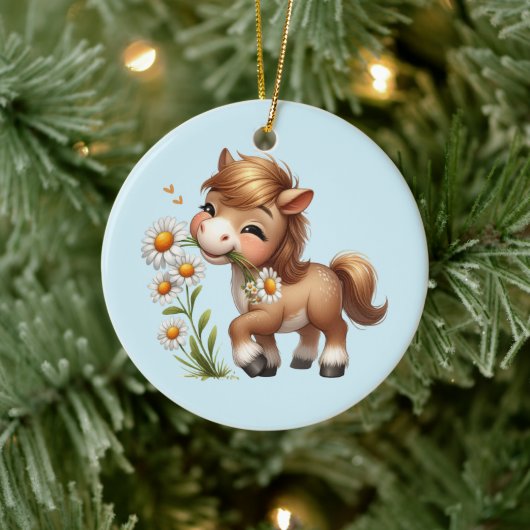 Schattigee Pony eet madeliefjes Keramisch Ornament (Boom)