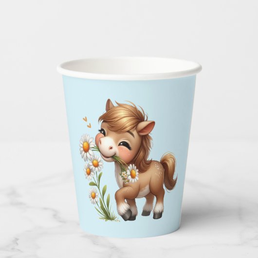 Schattigee Pony eet madeliefjes Papieren Bekers (Achterkant)