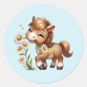 Schattigee Pony eet madeliefjes Ronde Sticker