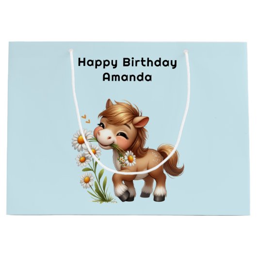 Schattigee Pony eet madeliefjes verjaardag Groot Cadeauzakje (Voorkant)
