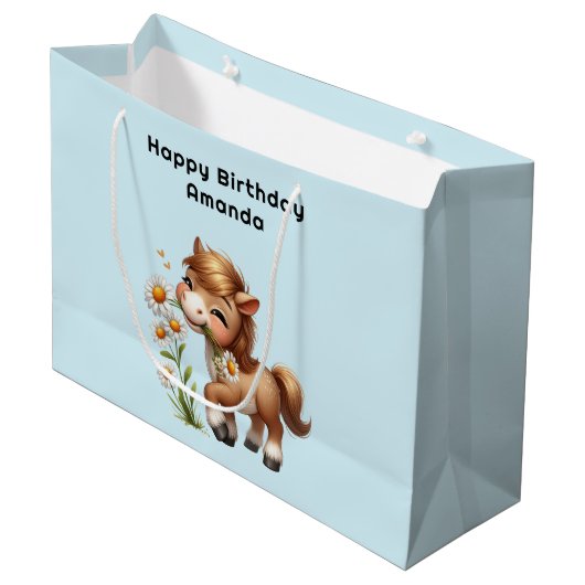 Schattigee Pony eet madeliefjes verjaardag Groot Cadeauzakje (Voorkant Gekanteld)