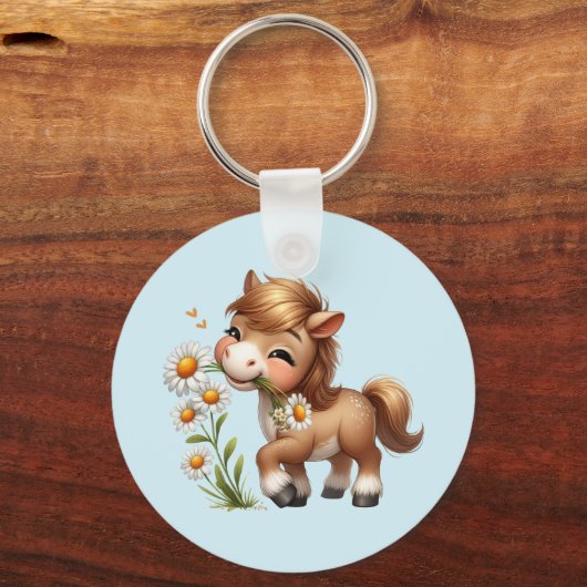 Schattigee Pony eten Daisies Verjaardag Dank u Sleutelhanger (Achterkant)