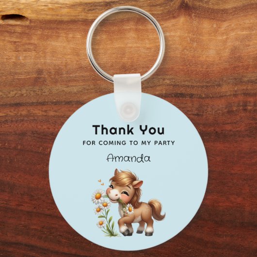 Schattigee Pony eten Daisies Verjaardag Dank u Sleutelhanger (Voorkant)